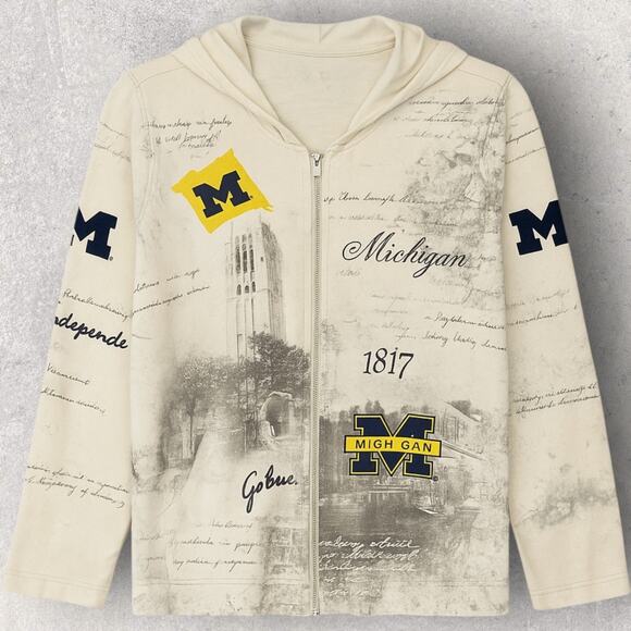 Univ of Michigan Zip Hoodie Women’s Size M Cream Graphic Go Blue Wolverines - Picture 2 of 8